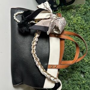 Purse charm accessory, braided gold chain w/ silk scarf double hook 13@“ C print